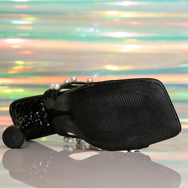 Fashion Eilyken Summer Square Clip Toe Women Slippers Elegant Pearl High Heels Shoes Fashion Party Slide Zapatos Mujer