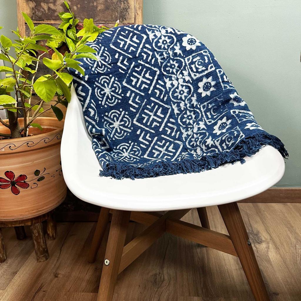 Throw Blanket, Boho Handmade Indigo Stripes 170x120cm