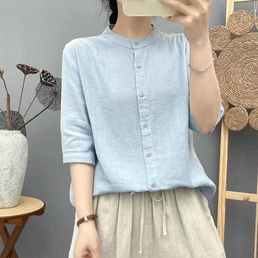 Women's Fashionable Casual Oversized Double-Layer Cotton Yarn Stand Collar Shirt With Mid-Length Sleeves In  Colour Top