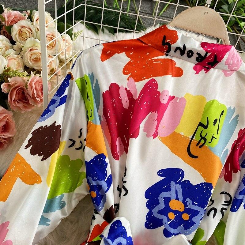 Francuski słodki kolorowy nadruk elegancka bluzka damska koreański Y2K talia w koszulach biurowych damski z długim rękawem Fashion Design ubrania codzienne wiosna 2024