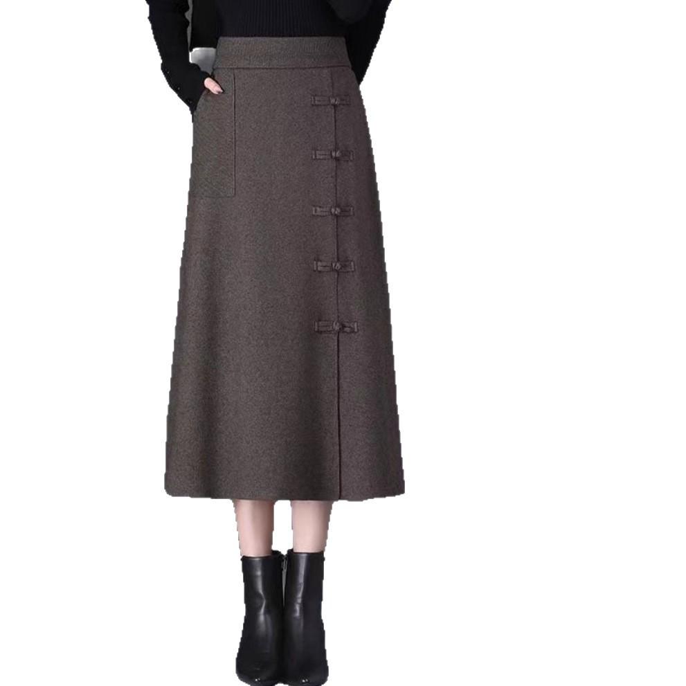 Women's Frog Button Knit Midi Skirt - High Waist, Slimming A-Line for Autumn/Winter 2025