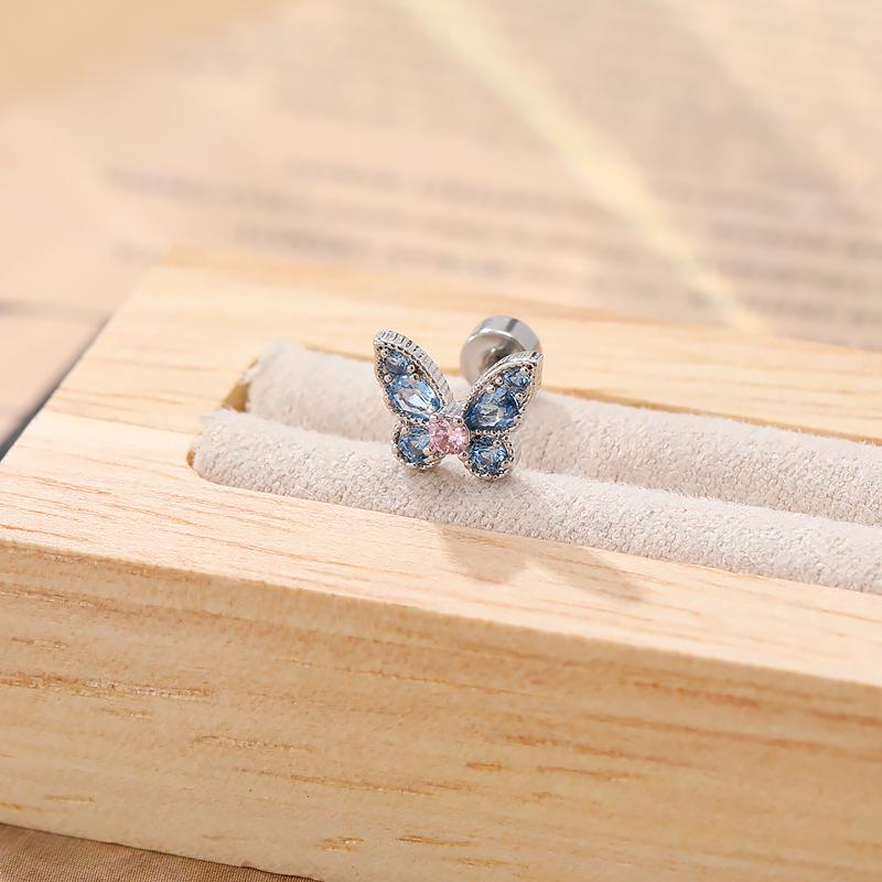 Pink Sweet Butterfly Zirconia Titanium Steel Ear Cartilage Studs for Women - Versatile, High-End Double Spiral Screw Design.