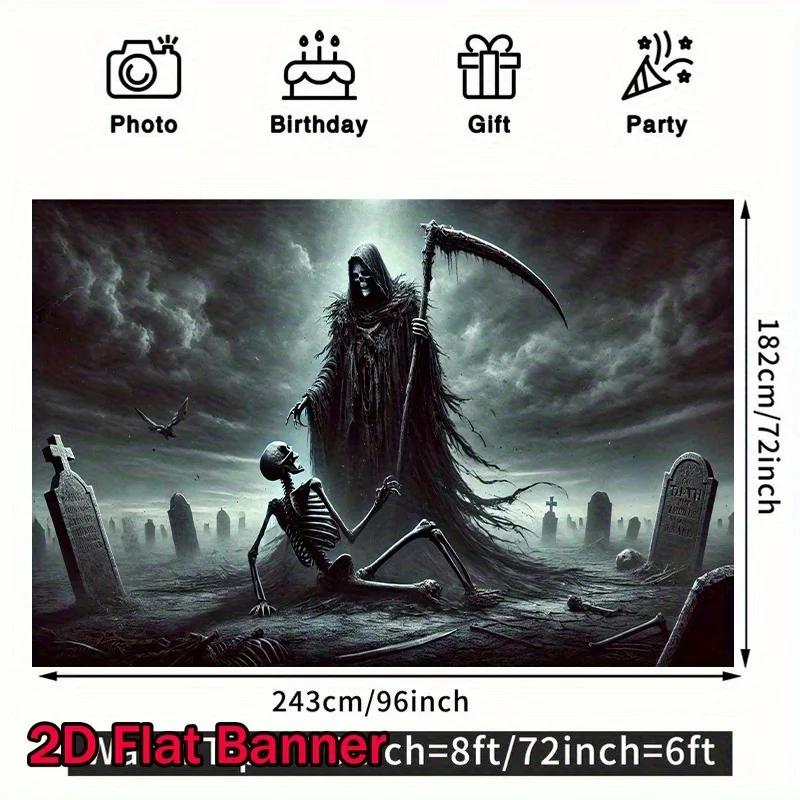 2D plane, 1 piece of Gothic Halloween Grim Reaper and Skull scene poster - Large 8x6 feet eerie cemeteryDJH