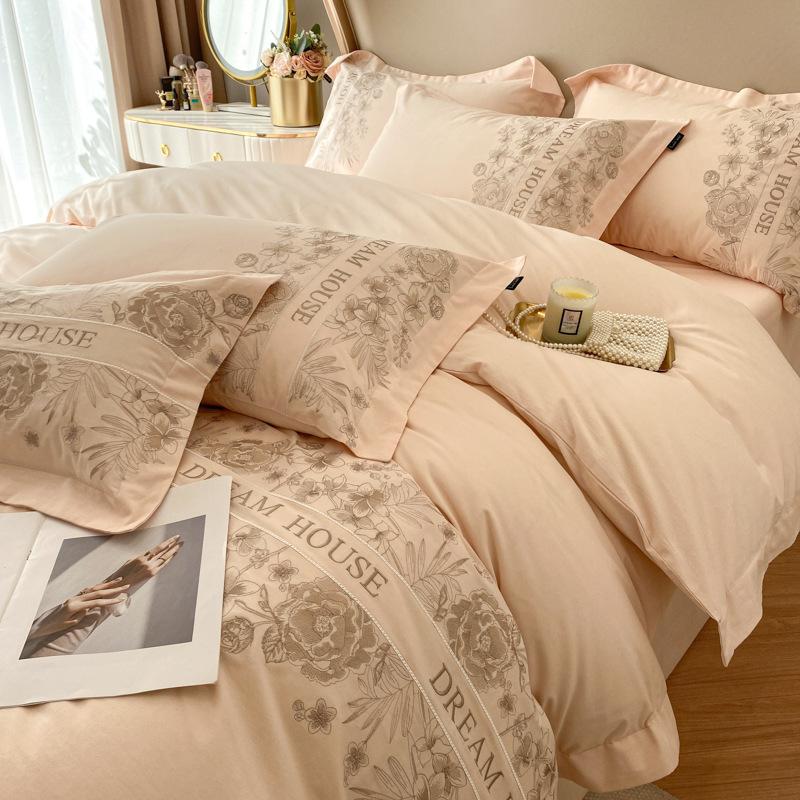 Maternal And Infant Grade Class A 100 Long-Staple Cotton Four-Piece Set, High-End Pure Cotton Cotton Embroidery Simple Atmospheric Bed Sheet Mattress