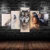 Native Indian Man Wolf Spirit Two Wolves 5 Piece Five Panel Wall Canvas Print Modern Art Poster Picture Home Decor Gift For Him For Her