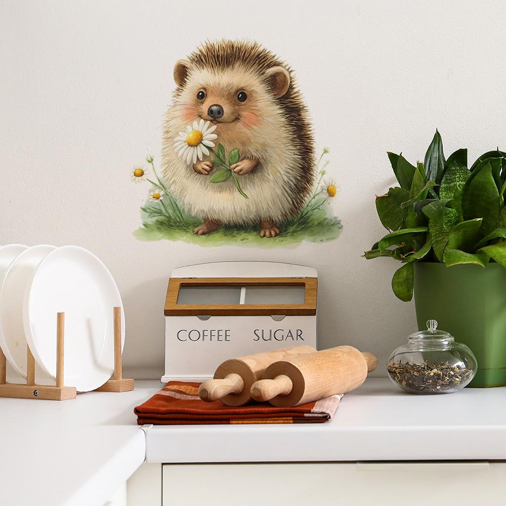 Cartoon Hedgehog Picking Daisies Living Room and Dining Room Background Wall Decoration Stickers