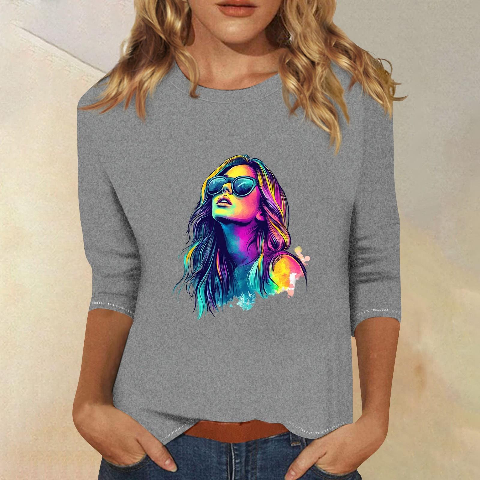 

Топи з рукавами 3/4 для жінок Футболка Повсякденні топи з принтом Футболка з круглим вирізом Пуловер Блуза S