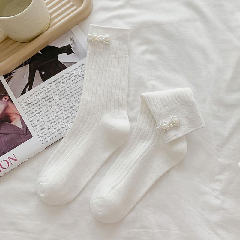 Simple Pearl Knee High Socks Cotton Calf Socks Sweet Knee High Stockings Lolitas Princess Socks for Womens Girls Gifts