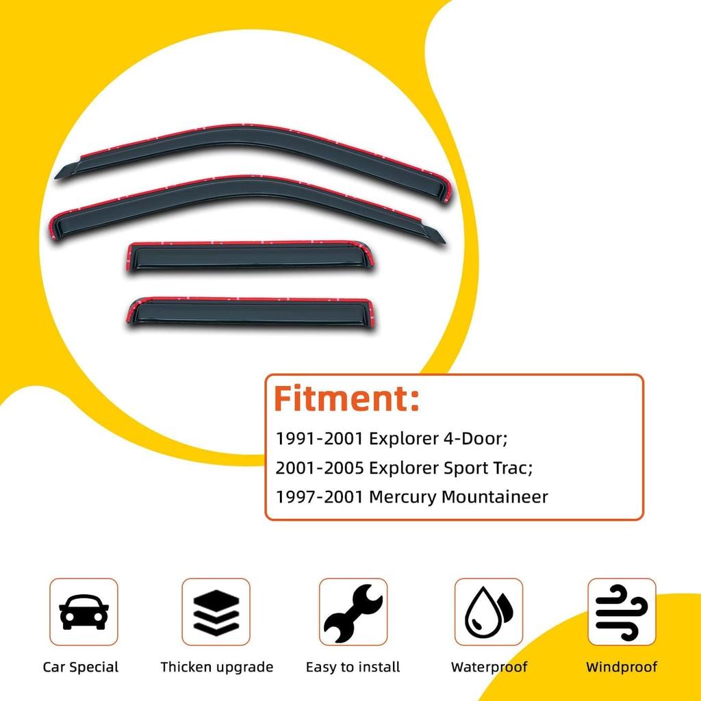 In-Channel Rain Guards Compatible With 2001-2005 Sport Trac 1997-2001 Mercury Mountaineer 1991-2001 Explorer Side Window Visor Wind Deflector Vent
