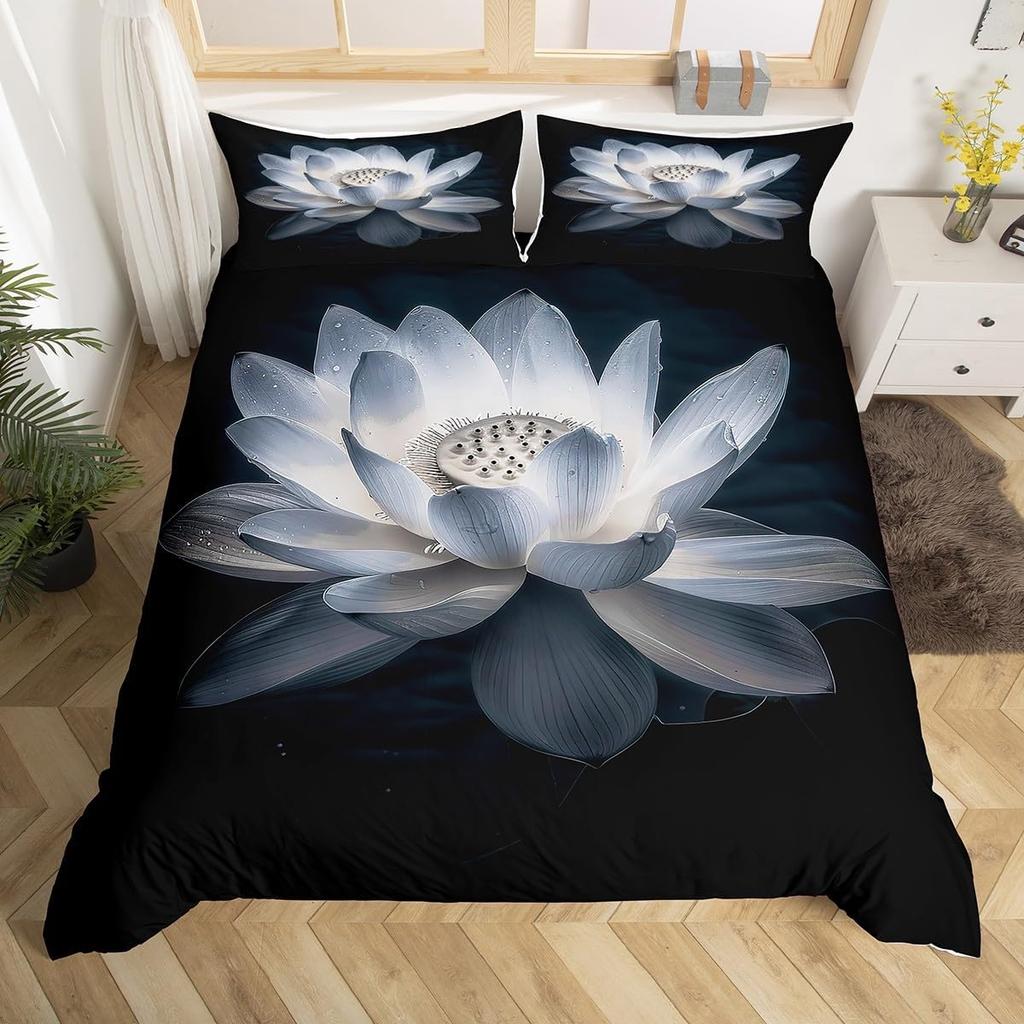 Lotus Duvet Cover, Water Lily Bedding Set, Lotus Leaf Quilt Cover, Summer Theme Print Comforter Cover For Girl Women Twin King