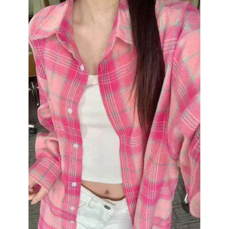 Fashion Pink Plaid Casual Loose Shirts Women Spring Summer New Tops Long Sleeve Women's Blouses Elegant Single Breasted Slim Simple Office Shirt 26116