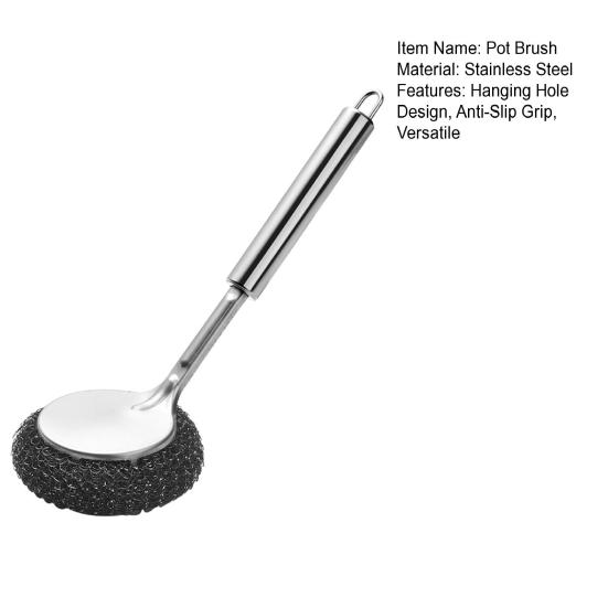 Pot Brush Rust-Proof Stainless Steel Scrubber with Ergonomic Non-Slip Handle Pots Pans Grills Ovens Cleaning Brush Stubborn Stain Remover