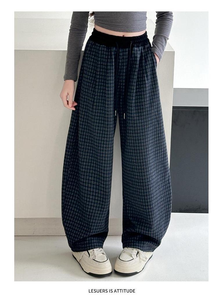 Girls' 2025 Winter Plaid Fleece-Lined Wide Leg Trousers - Warm, Thick, Casual Long Pants