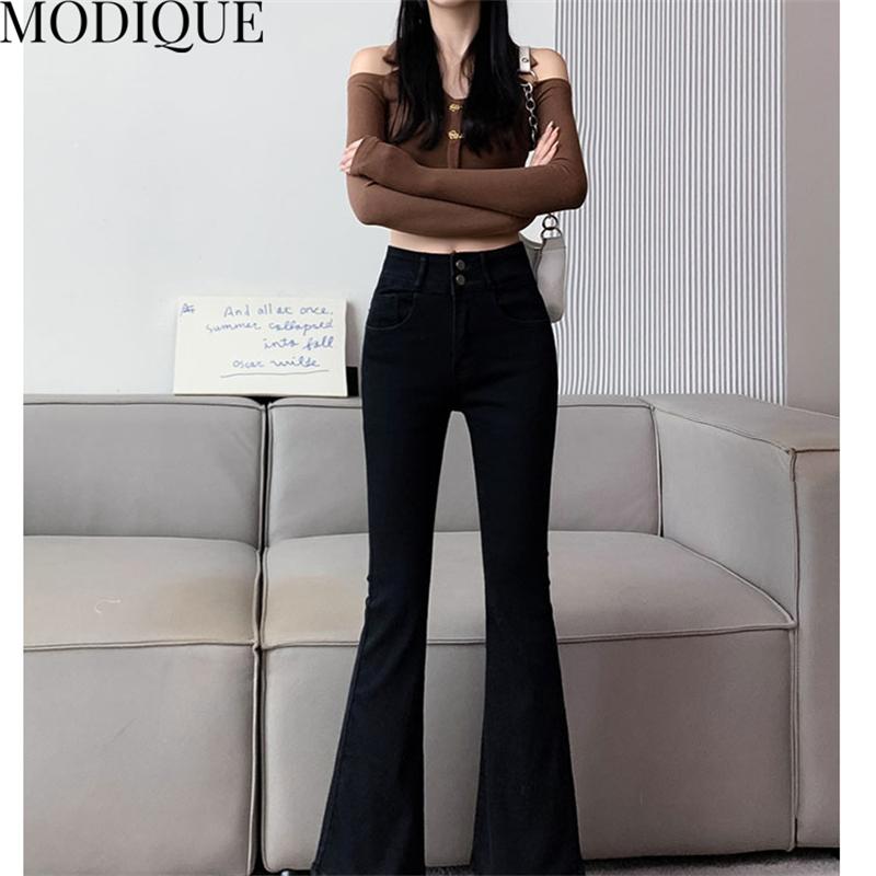MODIQUE Autumn Plus Size New Women Bell-Bottoms Basics Elastic Pants Full Length Lady High Waisted Casual Long Jeans Female Denim   Trousers