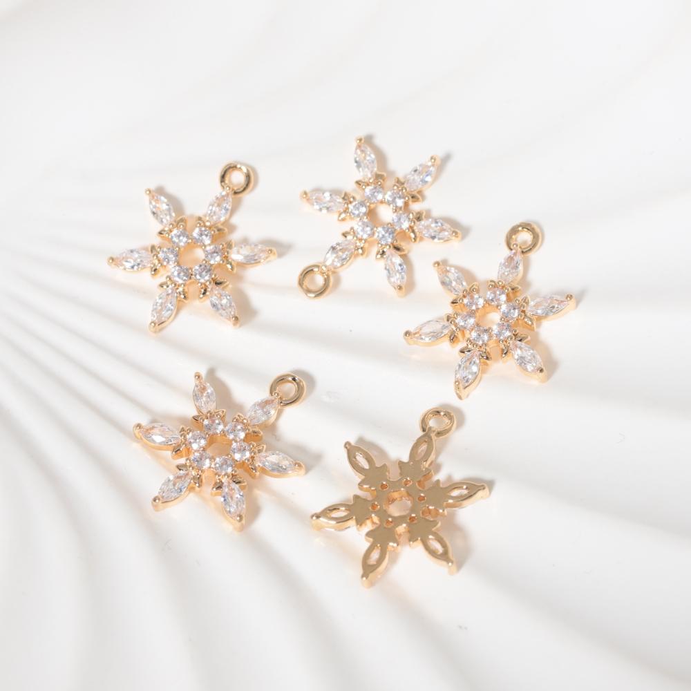Golden Plated Copper Snowflakes Charms Pendants with Clear Zirconia, DIY Jewelry Making Supplies for Earrings Necklaces, Sweet Girly Gift for Women