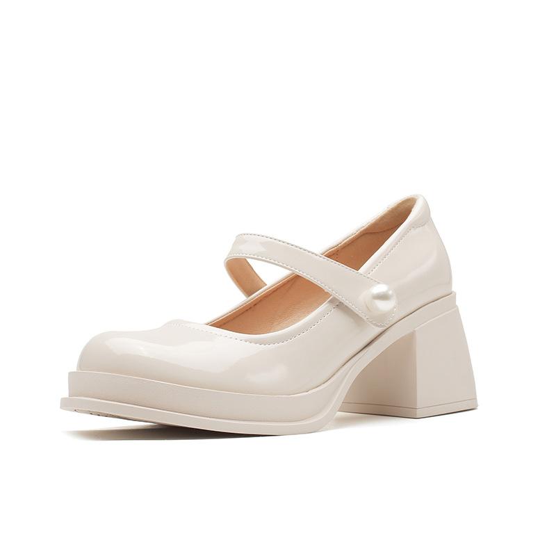 Mary Jane High Heels with Pearl Square Head Patent Leather Temperament Thick Heel Platform Single Shoes