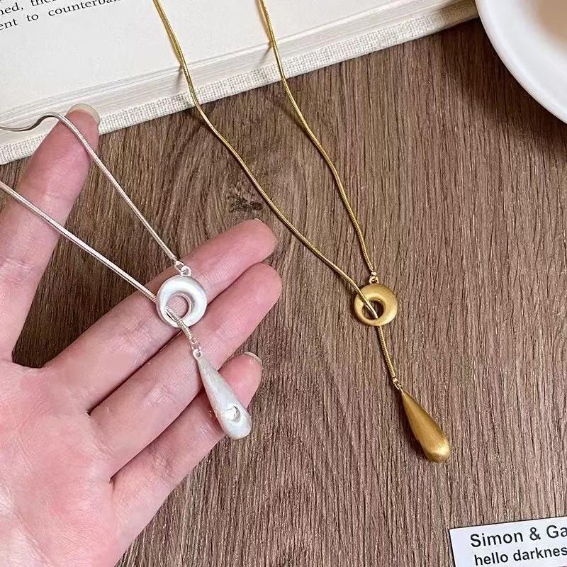 Simple Water Droplet Pendant Necklace For Women  Irregular Metal Smooth Long Y-Shaped Necklace Sweater Chain Jewelry