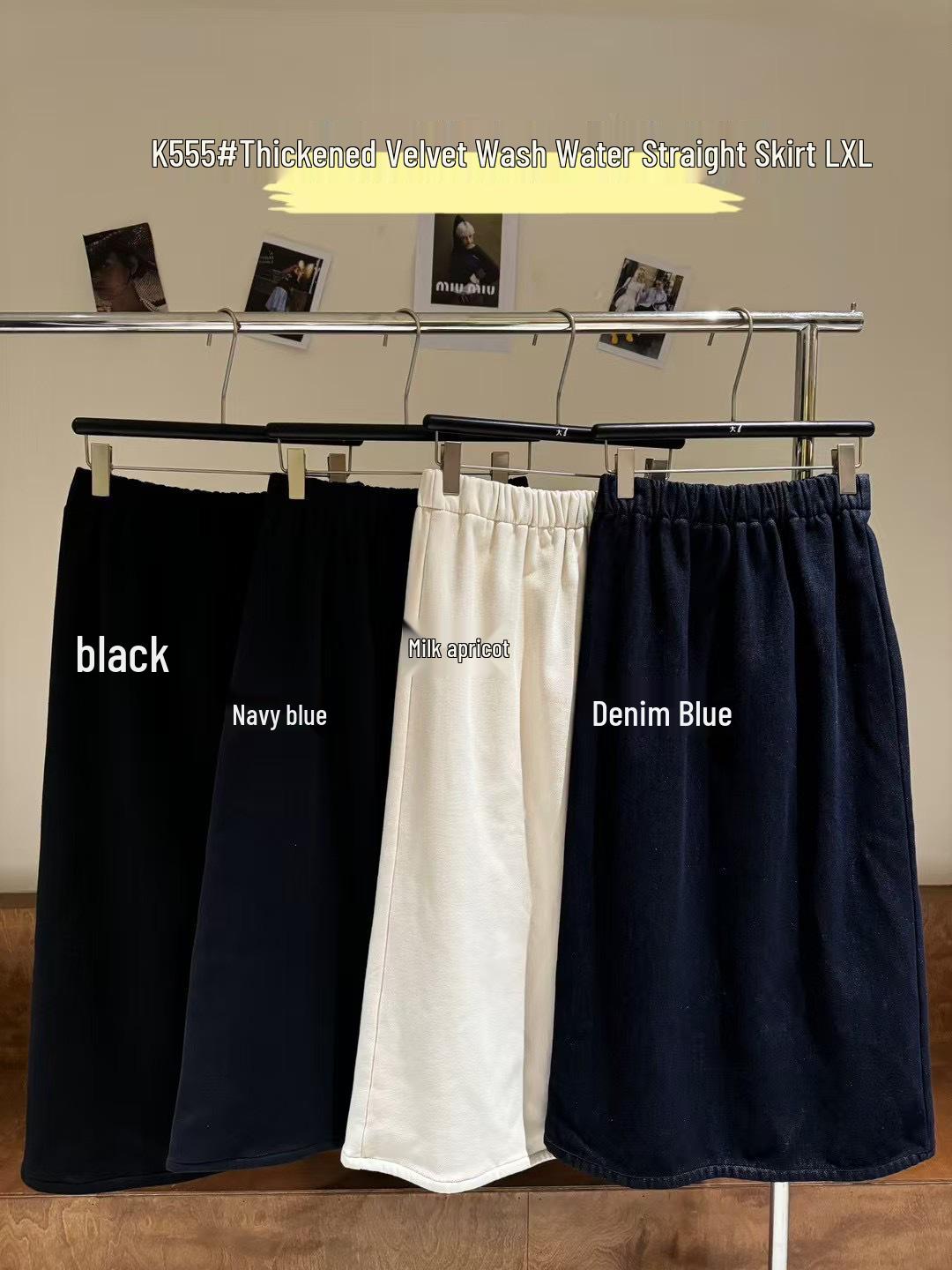 

Women s 555 Winter Elastic High Waist Loose Plus Size Korean Style Fleece Lined Denim Midi Skirt XL темно-синього кольору