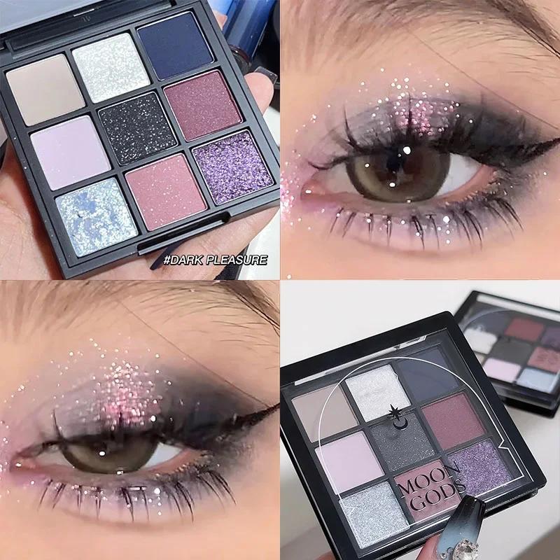 9 Kleuren Donker Punk Gerookte Oogschaduw Palet Zwart Paars Parelmoer Mat Verhelderend Liggende Zijderups Fijne Glans Aarde Make-up paars