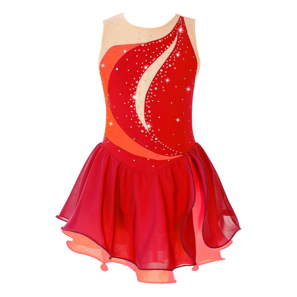 Figure Ice Skating Dress for Girls Sleeveless Glitter Rhinestone Chiffon Patchwork Ballet Dress Gymnastics Leotard Dancewear