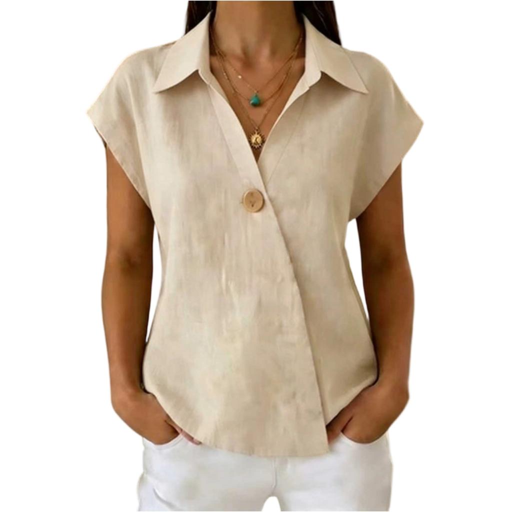 Women V Neck Button Down Shirt Short Sleeve Casual Blouse Lightweight Relaxed Fit Summer Top