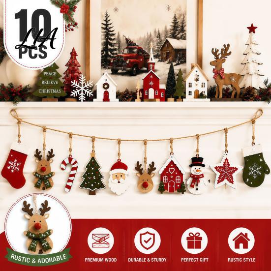 Seasonal Gift for Friends Family Vintage Christmas Hanging Bunting Garland, 2D Flat Wooden Snowman Elk Stocking Santa Decor Tree Claus Banner Holiday