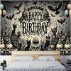 1 Gothic style cat skull birthday banner - Horror Halloween themed party decoration with black cats, bats, and skeletons