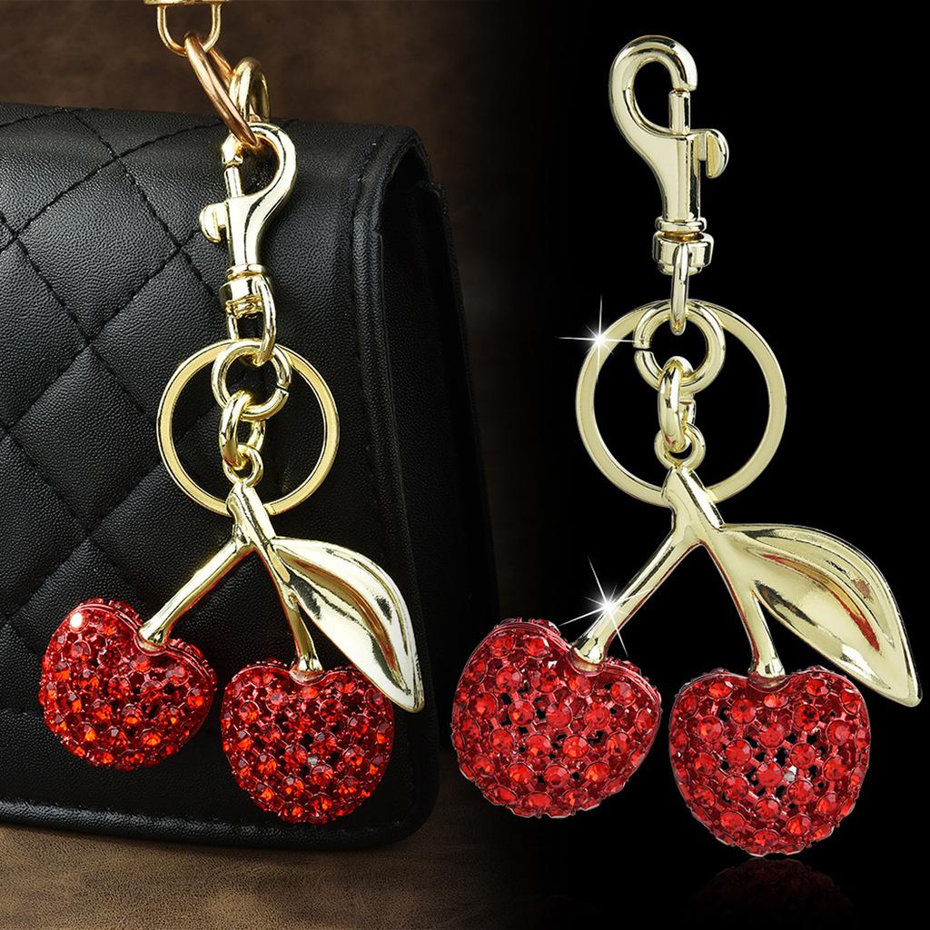 Sparkling 3D Cherry Keychain Charm Bag Accessory Fashionable Rhinestones Fruit Shaped Key Ring Ornament for Women