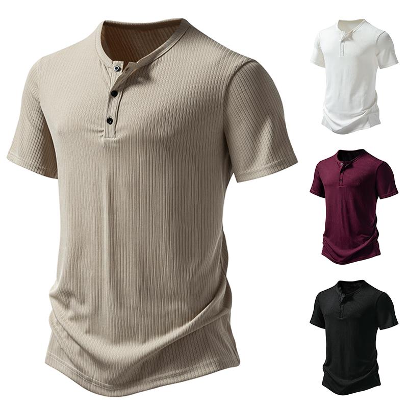 Nové letní pánské tričko Henry Collar s krátkým rukávem Jednobarevný pruh Ležérní Knoflíček Topy Trička Muž