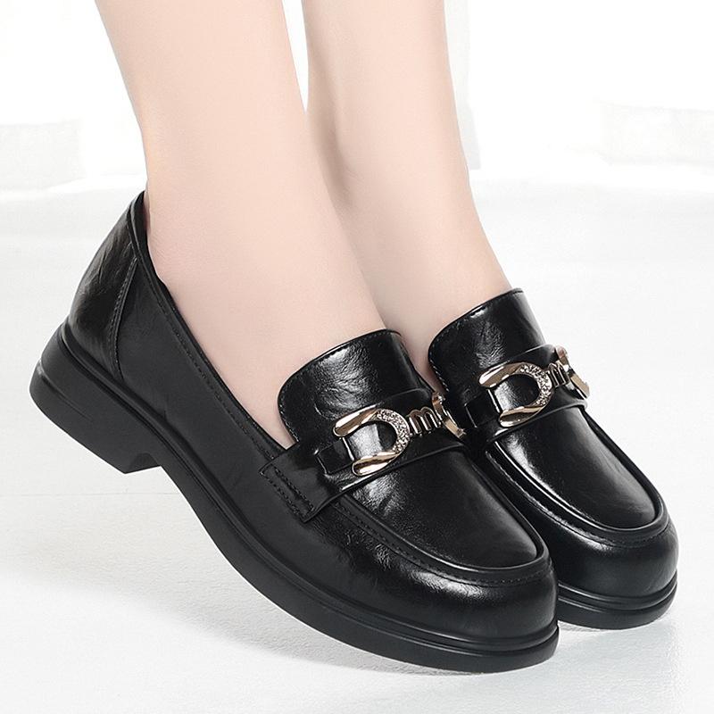 Small Leather Shoes Women's Spring New British Style Round Toe Flat Shoes Low Heel Flat Loafers Comfortable Single Shoes Elegant