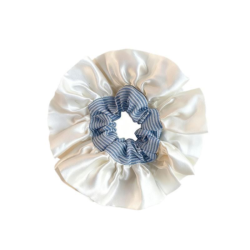 Creamy Satin Lace Blue Striped Ballet-Style Scrunchie Hair Tie