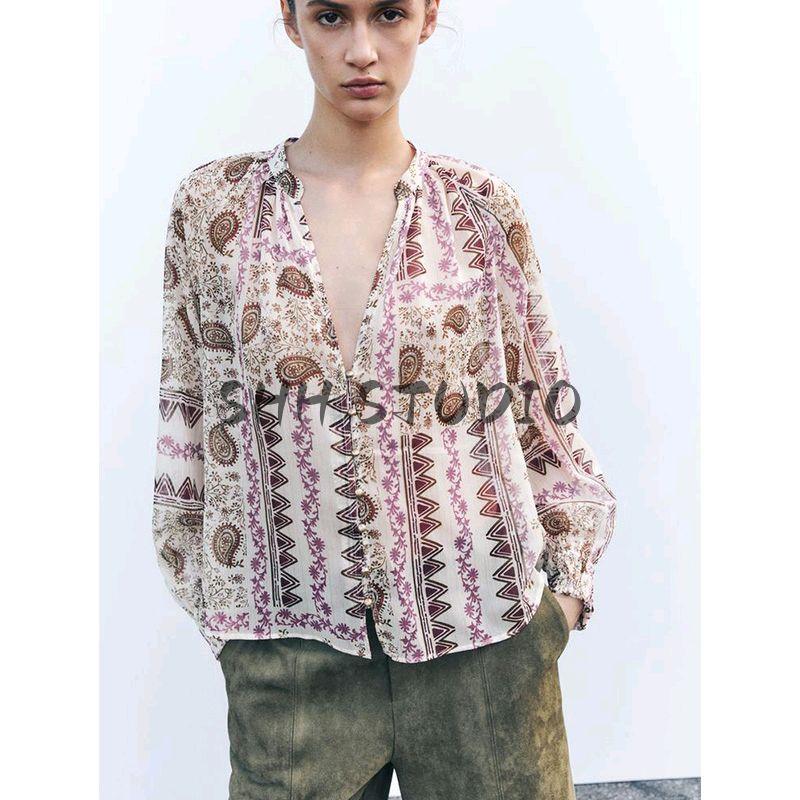 Spring New Women's Clothing Retro Style Patchwork Print Translucent Holiday V-neck Shirt Tops 2556198