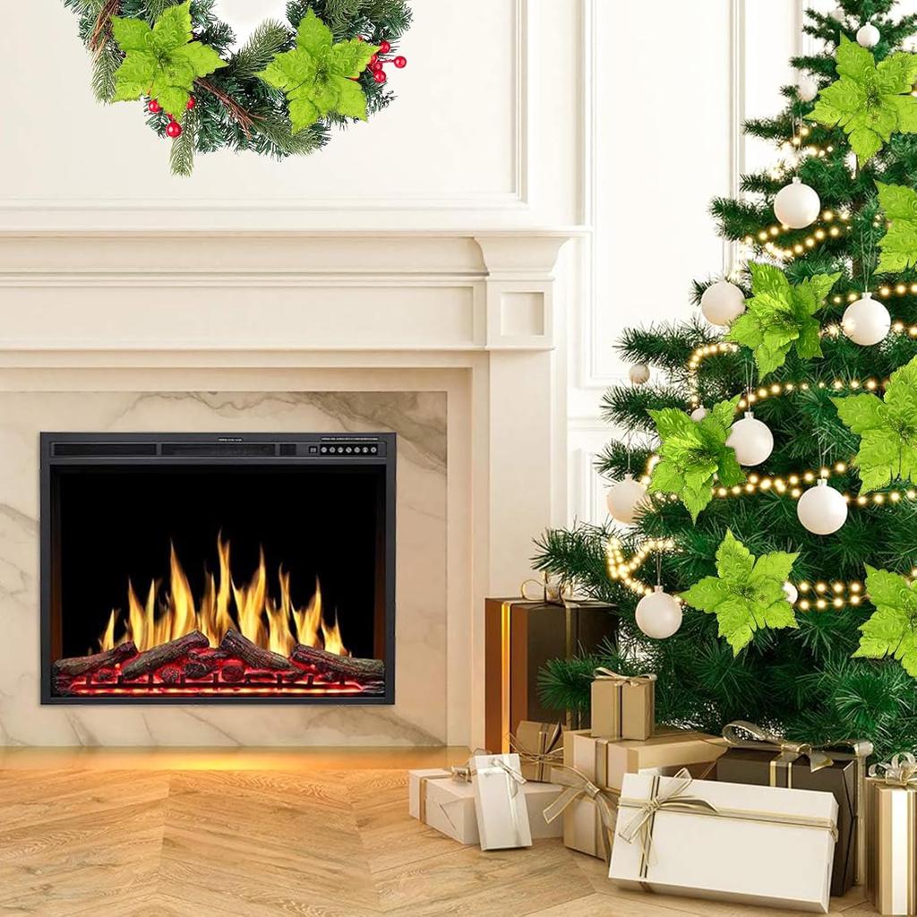 11'' Wide Glittery Christmas Poinsettia Flowers, 6pcs Velvet Poinsettia Flower Picks Glitter Poinsettia Christmas Tree Ornaments, Artificial Flower