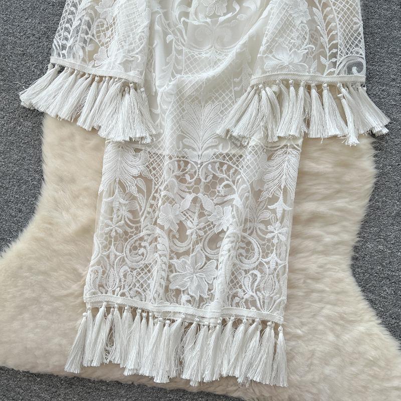 Mesh Dress with Spring Flared Sleeves for Women's Wear and A Hollowed-out Hook-flower Tassel Dress