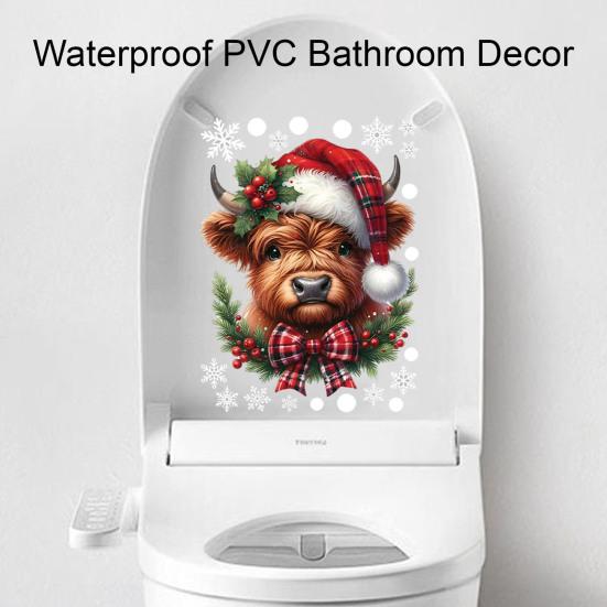 Self Adhesive Kitchen Wall Art Christmas Window Clings, Cute Highland Cow Sticker with Santa Hat, Winter Moisture Proof Decor for Double-Side