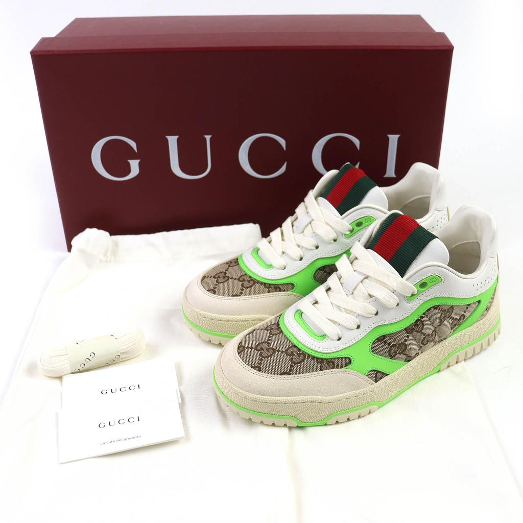 Pristine GUCCI Sneakers Reweb White Beige Green GG Canvas Women 36.5 785452 Used