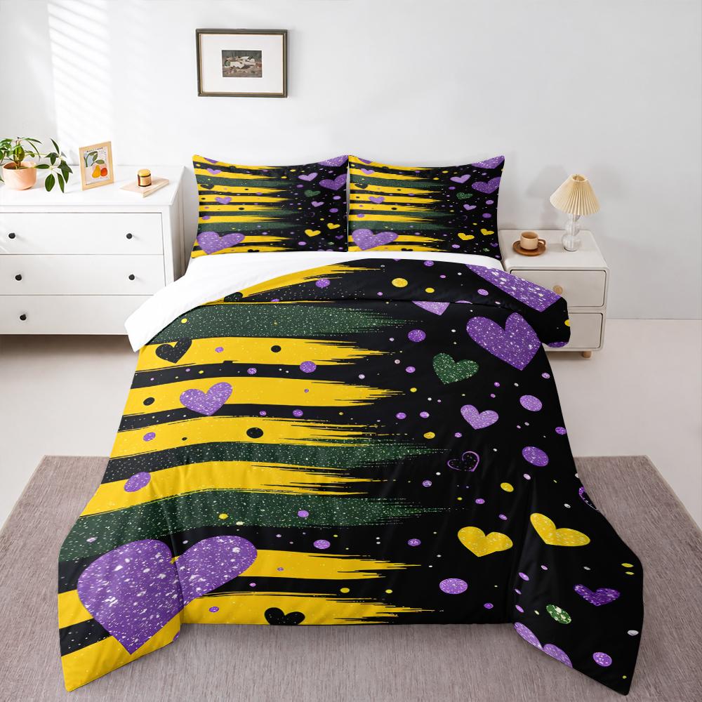 3 Piece Bedding Set Purple Hearts Yellow Green Brush Stroke Stripes Glitter Abstract for Adult Room Home Decor