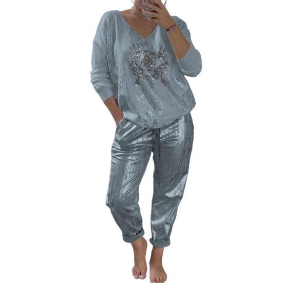 2-teiliges Damen-Set: Oberteil und Hose mit Augenprint, Langarm, V-Ausschnitt