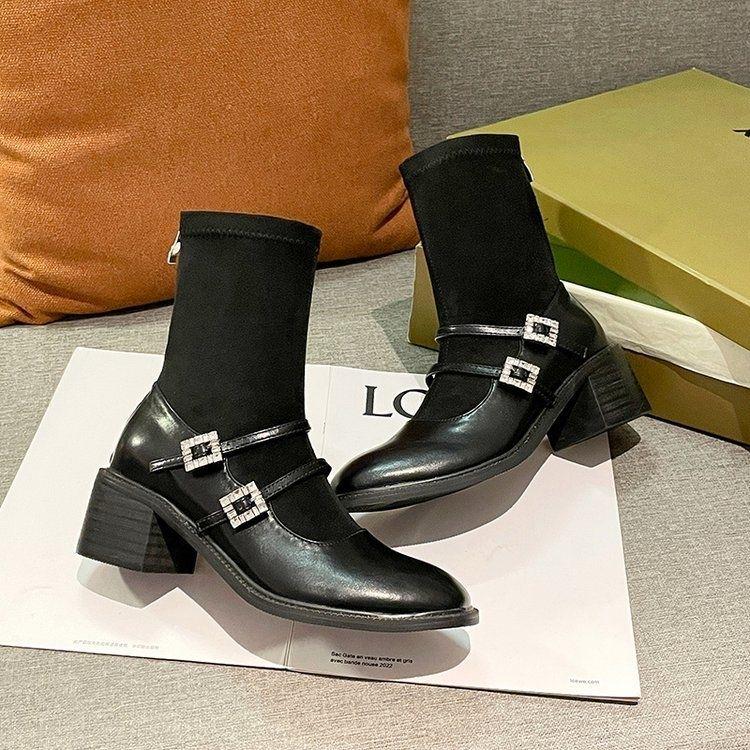 2025 Rhinestone Retro Chunky Heel Elastic Sock Boots, 5cm High, Black Mary Janes for Men