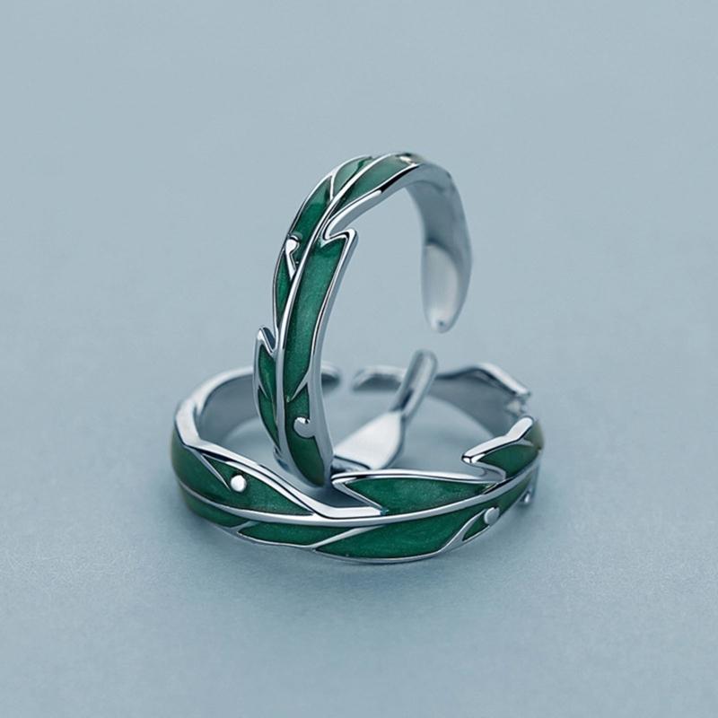 2x Sweet Simple Irregular Green Leaves Couple Ring For Women Lover Silver Open Resizable Ring Romantic Wedding Jewelry