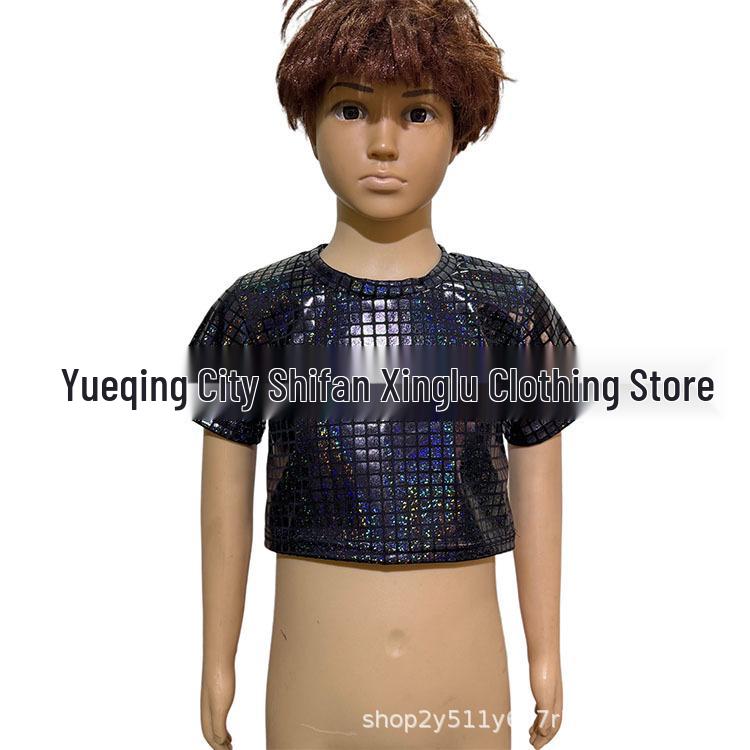 Unisex Shiny Sequin Plaid Off-Shoulder Crop Top (Short Sleeve) for Performances