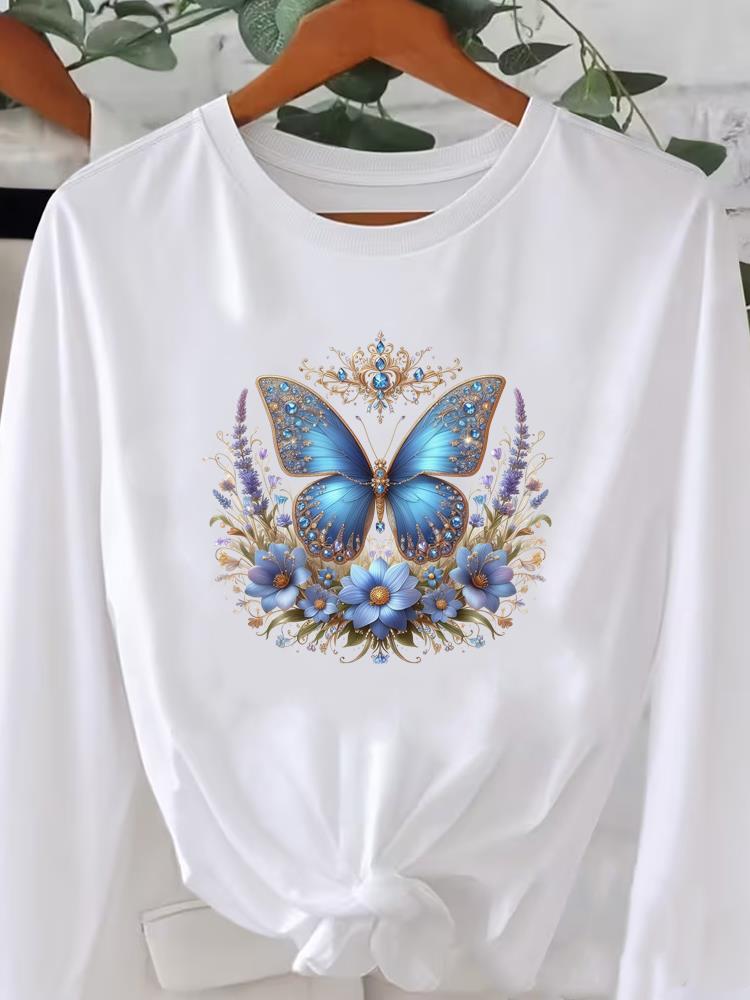 (Asian Size) Women o-neck Print T Shirt Casual butterfly cute Clothing Graphic Tee autumn winter spring Fashion Top Long Sleeve T-shirts