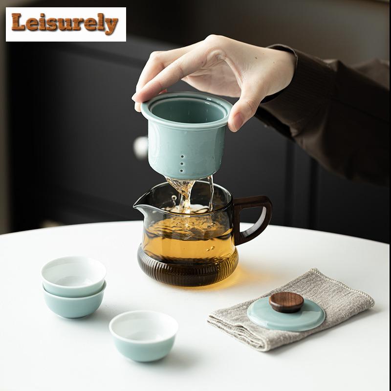 Leisurely Soot Galss Travel Tea Set Kit Handmade 1 Pot 3 Cups Tea Maker Filter Teapot Organizer Portable Outdoor Stock Bags Gift