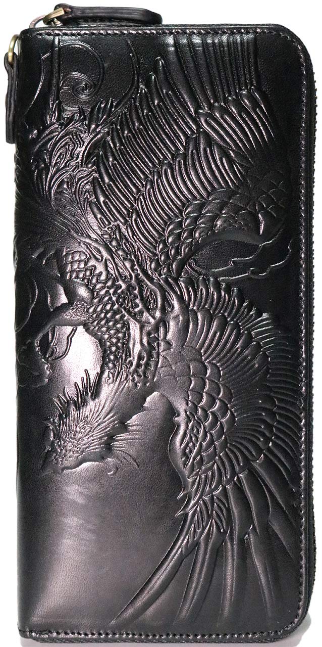 

Bercute Чорний Фенікс Гаманець зі Справжньої Шкіри, Кругла Блискавка, Довгий Гаманець для Чоловіків та Жінок, Двоскладний, з Відділенням для Монет, Велика Місткість для Карт, Модель