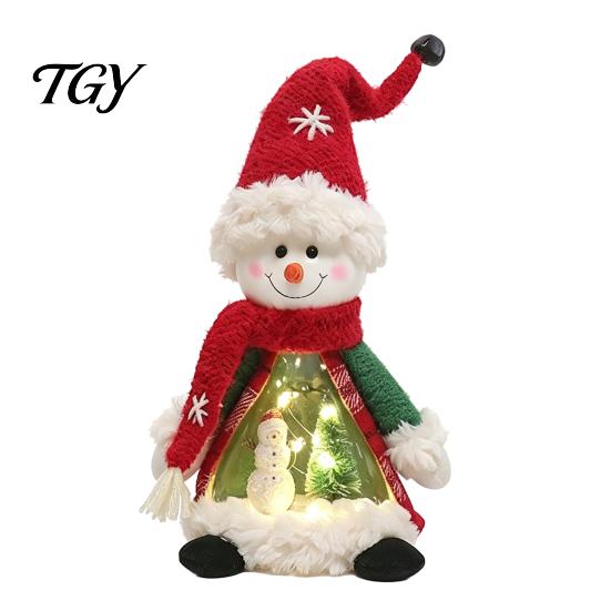 Snowman Holiday Ornament Lighted Christmas Doll Decoration, Cute Plush Santa Claus/Snowman/Reindeer Figurine with Elk Desk Decor Warm LED Light
