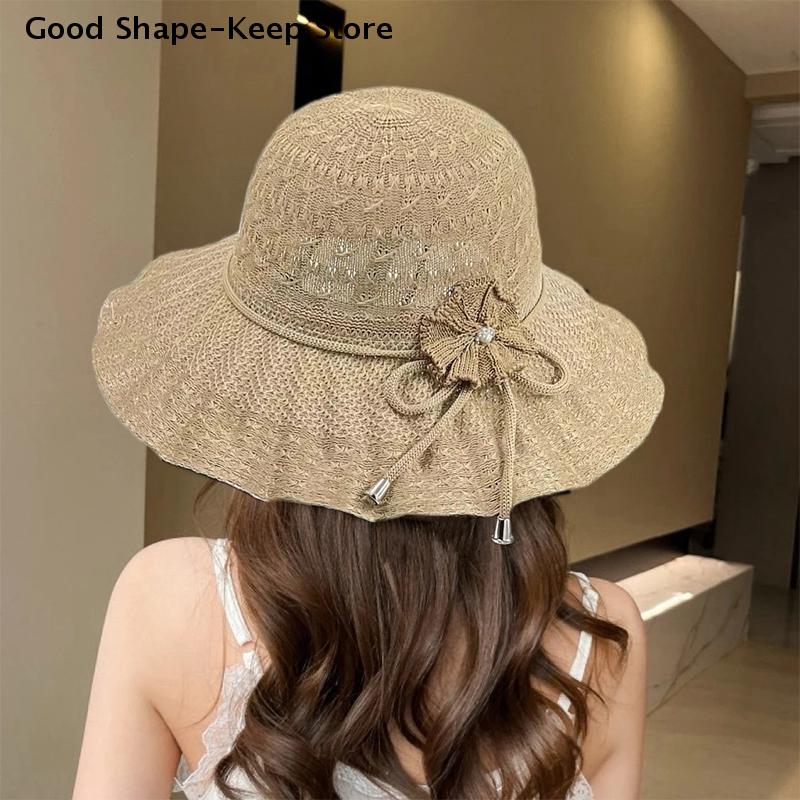 Fashion Casual Wide Brim UV Protection Straw Hat Breathable Beach Cap Bucket Hat Summer Sun Hat