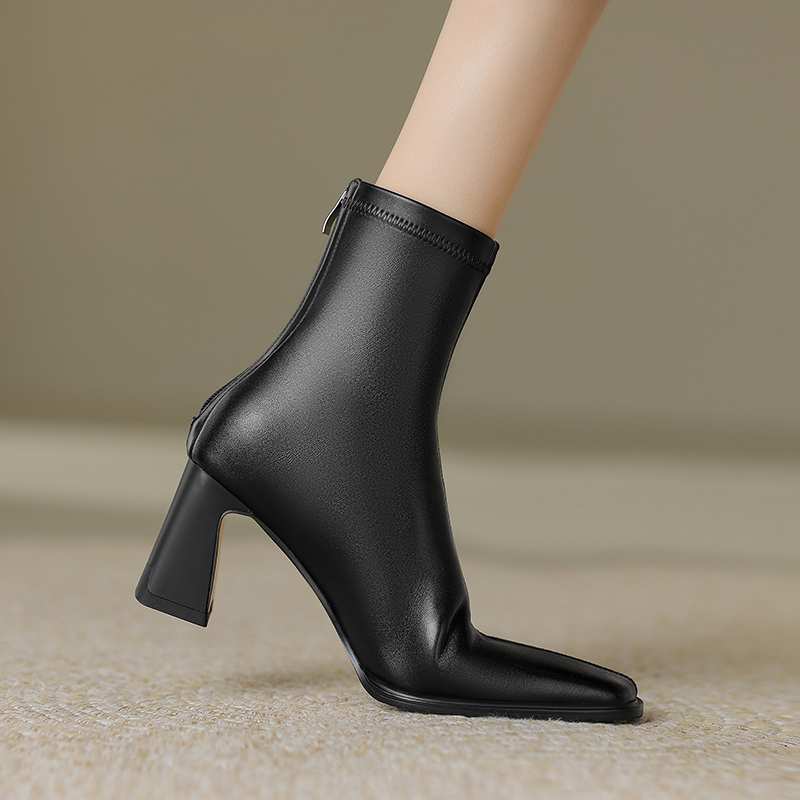 Krazing Pot Microfiber Flock Winter Square Toe Thick High Heels Slip on Stretch Boots Stovepipe Women Ankle Boots
