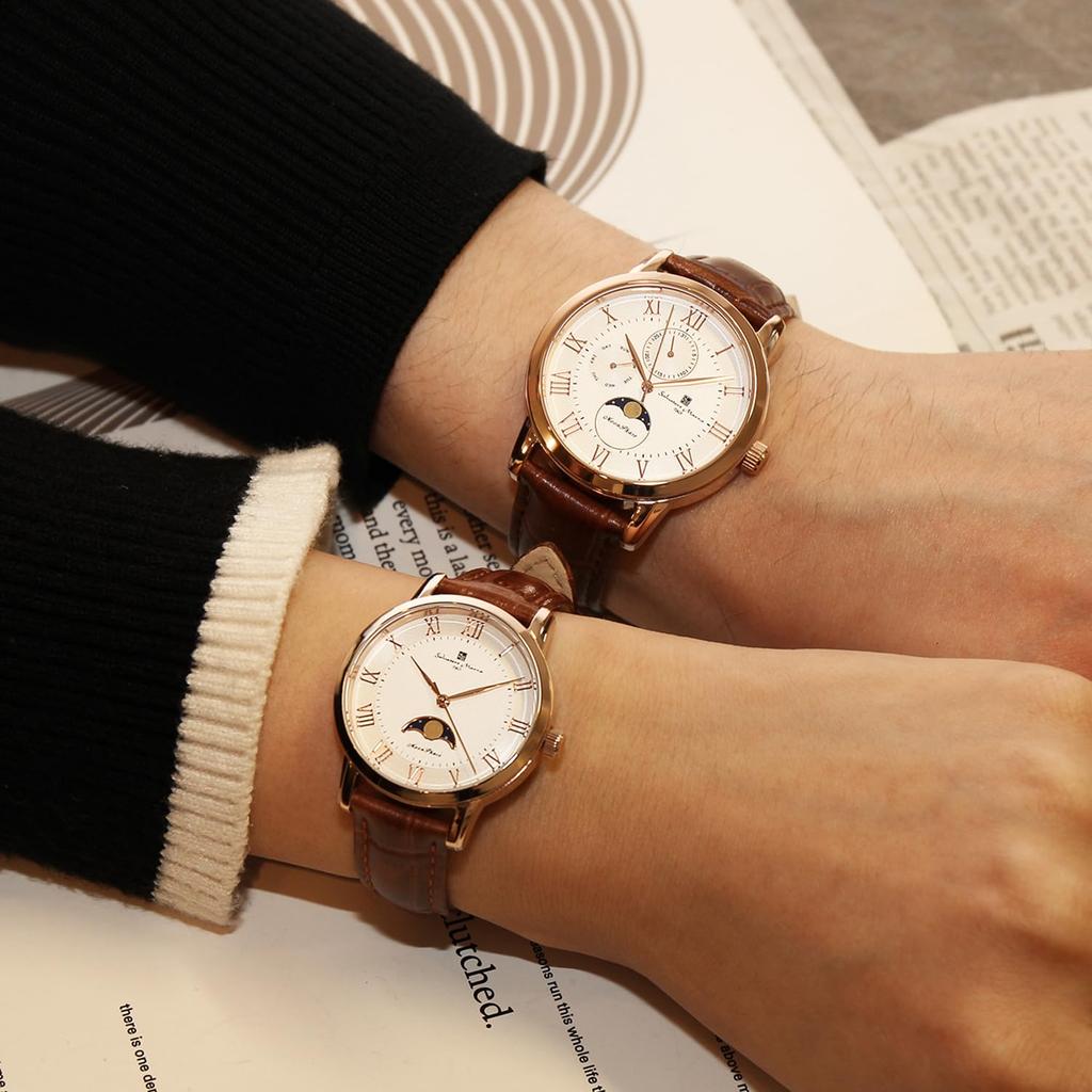 Salvatore Marra Pair Watches, Men's 40mm & Women's 34mm, Moon Phase Leather Strap, Gold, Citizen Quartz Movement, Couple Gift Set