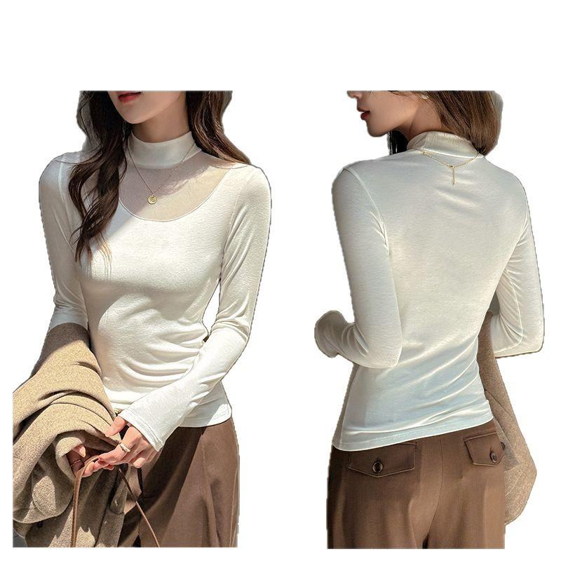 Womens Mesh Patchwork Long Sleeve T-Shirt Slim Fit Semi-High Neck Fall Winter Inner Top Fashionable