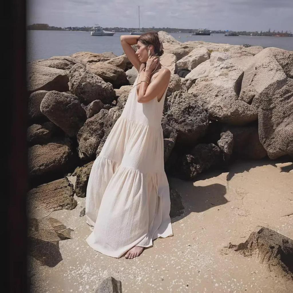 European Women's Loose Pleated Asymmetrical Beach Dress 2024